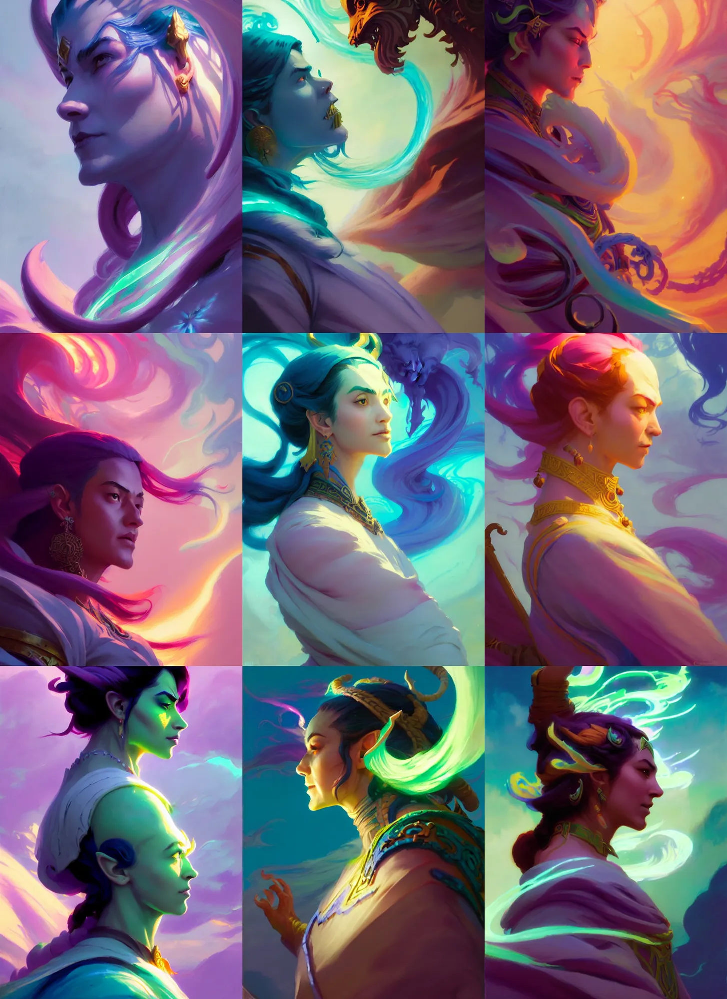 Prompt: side profile, gul'dan, warcraft, luminescent, tarot card, colorful swirly magic ripples, pastel colors, by greg manchess, huang guangjian, sachin teng, greg rutkowski, jesper ejsing, ilya kuvshinov