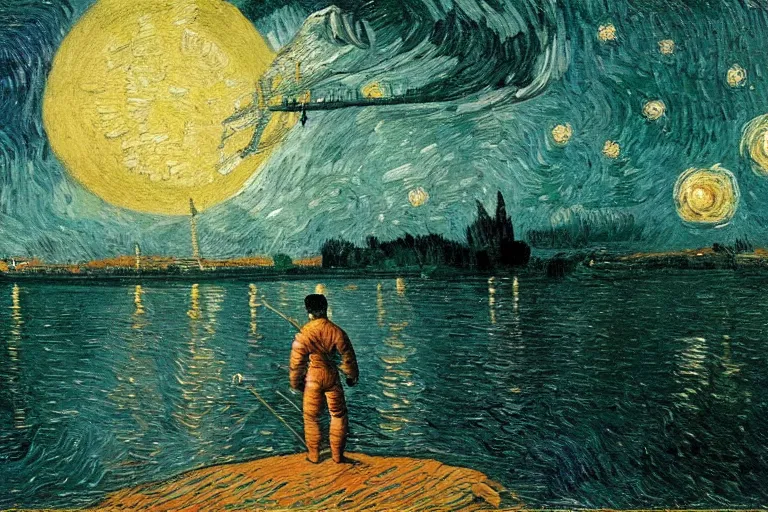 Image similar to an astronaut swimming in Jupiter lake, beautiful, national geographic, very detailed, astrophotography, oil painting, canvas, Vincent van Gogh, Caspar David Friedrich, Albert Bierstadt