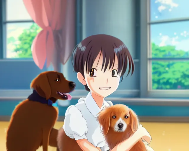 Prompt: anime fine details portrait of joyful girl with her dog in school class, bokeh. anime masterpiece by Studio Ghibli. 8k, sharp high quality anime illustration in style of Ghibli, artstation