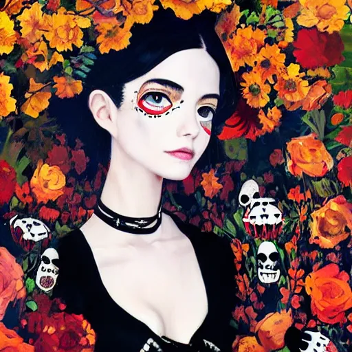 Prompt: vogue magazine, instagram fashion, ilya kuvshinov, john singer sargent, oil painting, mexican day of the dead, shaft anime key visual, trending on artstation, crop top, intricate