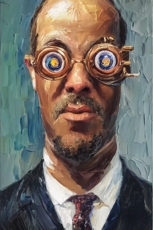 Image similar to palette knife oil painting portrait of graham, a fellow in a three - piece suit and monocle over one eye, peering over from his heavy, lacquered oak reception desk, extreme detail, artstation trending, artgerm, any racial background, deviant art, octane, substance, art history 8 k