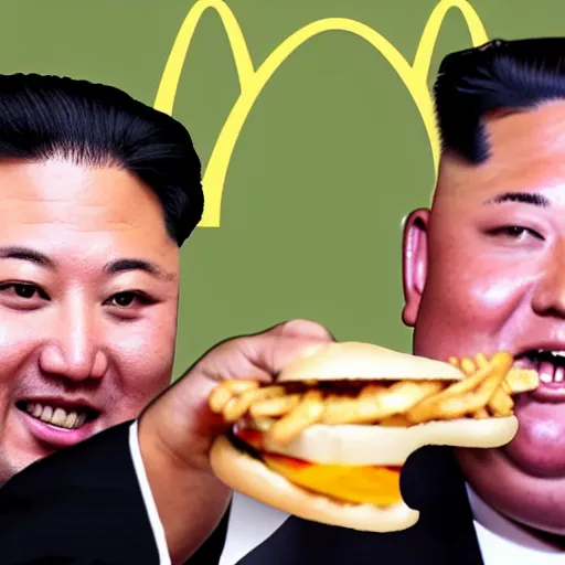 Image similar to donald trump and kim jong un shaking hands while eating burgers at mcdonalds