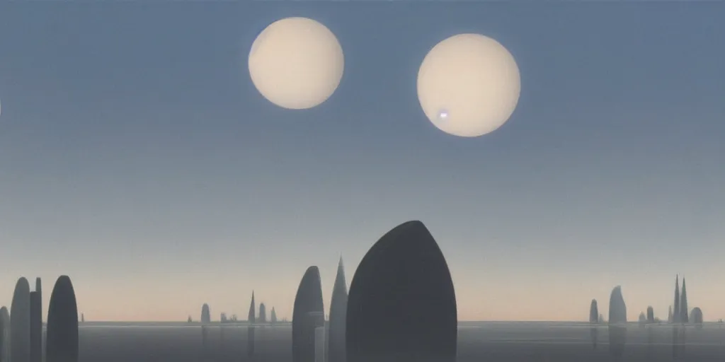 Prompt: futuristic skyline, two moons, Ralph McQuarrie