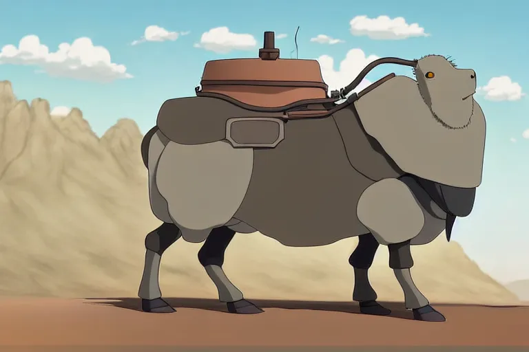 Image similar to a study of a cell shaded cartoon of a grey mechanized ram from howl's moving castle ( 2 0 0 4 ), on a desert road, full body, wide shot, very muted colors, post grunge, studio ghibli, highly detailed, deviantart, art by artgem