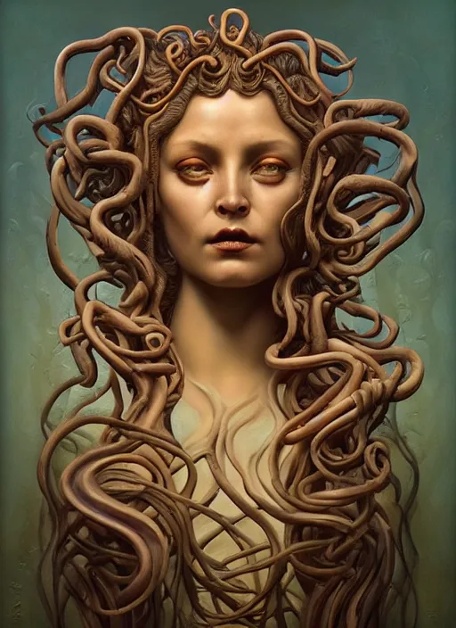 Image similar to medusa made of wax, wooden art nouveau swirls, strong subsurface scattering, in the style of james jean and tomasz alen kopera, mystical colors, rim light, soft lighting, 8 k, stunning scene, raytracing, octane render, trending on artstation