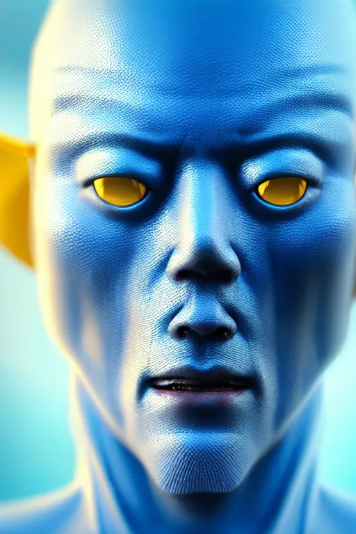 Image similar to hyperrealistic close-up blue glow exoskeleton!! sad chinese man covered highly detailed concept art eric zener elson peter cinematic side soft yellow light high angle hd 8k sharp shallow depth of field