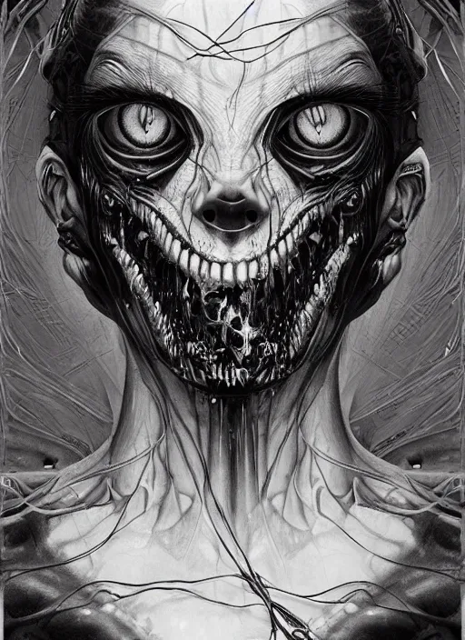 Image similar to a dream portrait of a anthropomorphic beast with three eyes, black & white, melting, webbing, 8 k, by tristan eaton, stanley artgerm, tom bagshaw, greg rutkowski, carne griffiths, ayami kojima, beksinski, giger, trending on deviantart, face enhance, hyper detailed, minimalist, horror, alien