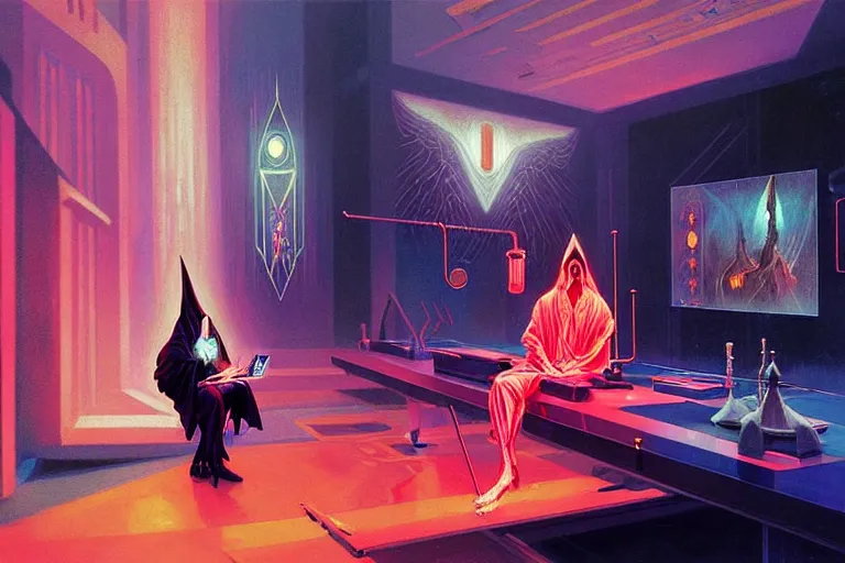 Image similar to a beautiful masterpiece painting of a technomancer wizard in robes with pointed hood discussing sentience with his synthesized AI djinn in his laboratory near a computer by Remedios Varo and Anato Finnstark and Greg Rutkowski, dayglo pink, dayglo blue, dazzle camouflage