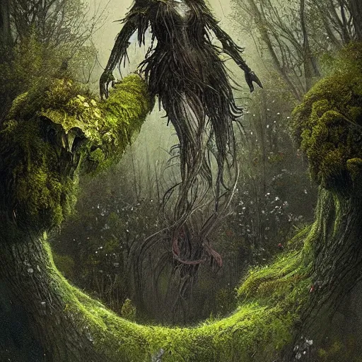 Image similar to a beautiful terrifying monster made out of moss and flowers. ethereal horror fantasy art by greg rutkowski