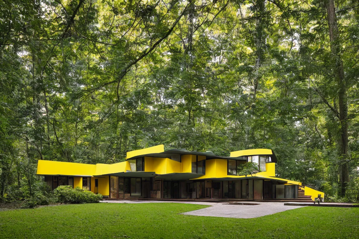 Image similar to a mid century modern house in a forest, designed by Frank Gehry. Tiles. Small gravel driveway . Film grain, cinematic, yellow hue