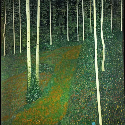 Prompt: Looking down at the forest floor, covered in fallen leaves, A green gold forest in Japan, dark, midnight, ghostly white trees, Gustav Klimt