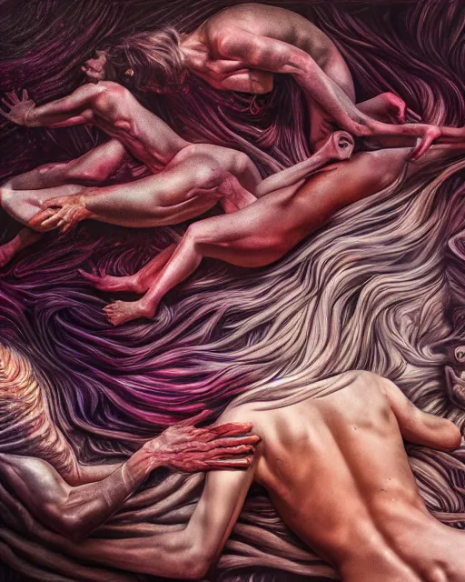 Image similar to realistic scene of a creation of human body, psychedelic, dark art, facing camera, photo realistic, detailed, 1 4 5 0, delicate, hyper realism, ultra realistic, 8 k