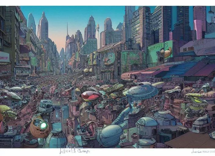 Image similar to close up view of a bustling city street on an alien planet by jeff darrow and moebius, earth and pastel colors, dramatic perspective, detailed, realistic, masterpiece, 4 k, 8 k