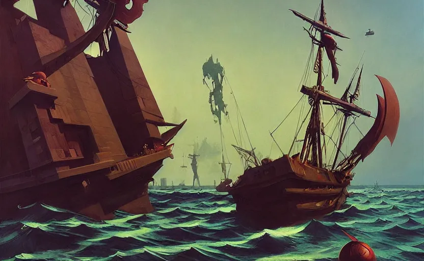 Prompt: Old Pirate ship fighting on ocaen, very coherent, painted by Edward Hopper, Wayne Barlowe, painted by James Gilleard, airbrush, art by JamesJean