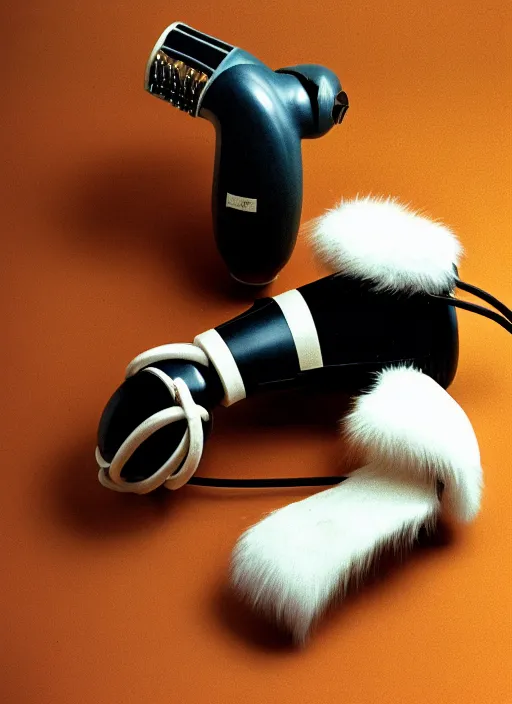 Prompt: realistic photo of a a medieval ritual chemistry appliance hairdryer, made of wood white clay and fur with black wires 1 9 9 0, life magazine reportage photo, natural colors, metropolitan museum collection