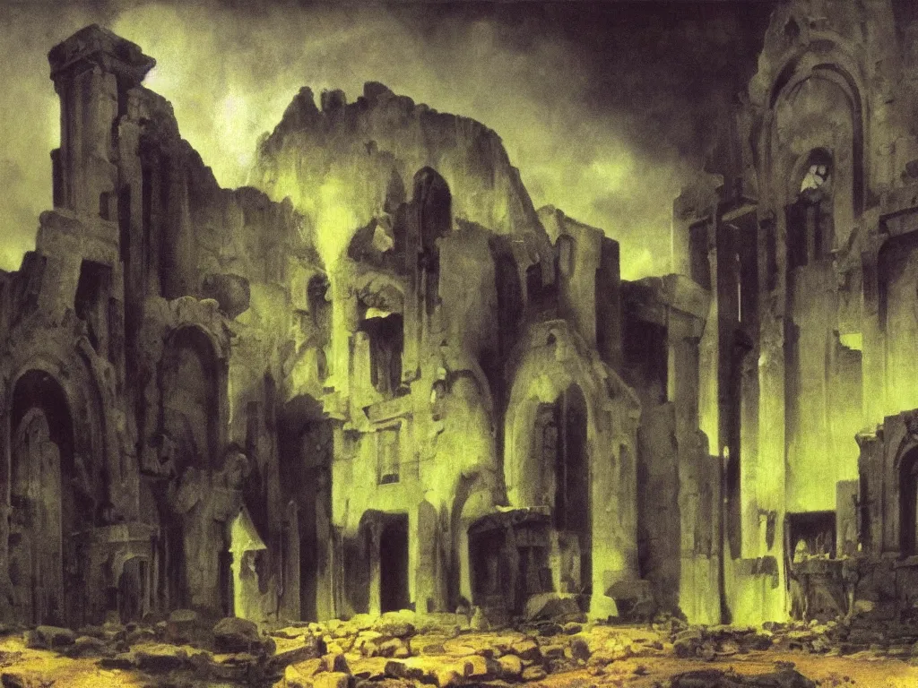 Image similar to gothic deserted temple in the impossible light psychedelia. dark, looming shadows. painting by cappiello leonett, arnold bocklin, wayne barlowe, agnes pelton, rene magritte