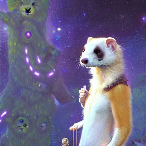 Image similar to a portrait of a female ferret in starfleet uniform at night in a dark forest. zootopia fursona furaffinity furry art detailed face painting by gaston bussiere craig mullins jc leyendecker gustav klimt artgerm greg rutkowski furry