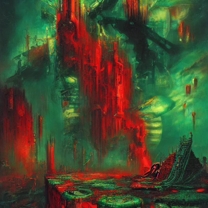 Image similar to gargantuan endless disappointment of crying souls in crack of humanity dissolution, red and green palette, by ( h. r. giger ) and paul lehr