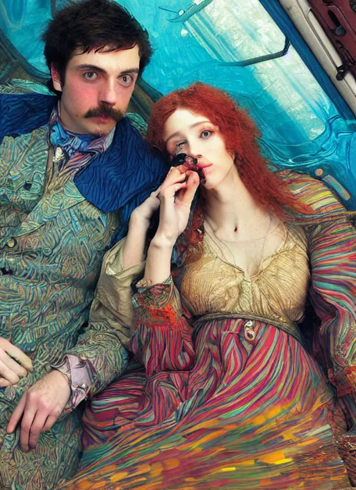 Prompt: detailed colourful masterpiece of photography couple portrait sat down extreme closeup, love, inside an underwater train, detailed realistic expressions, wearing unusual clothes, by kilian eng and ford madox brown and william powell frith and frederic leighton and john william waterhouse and greg hildebrandt