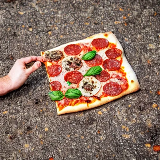 Prompt: Eww, why is this pizza on the concrete ground so rotten and moldy!