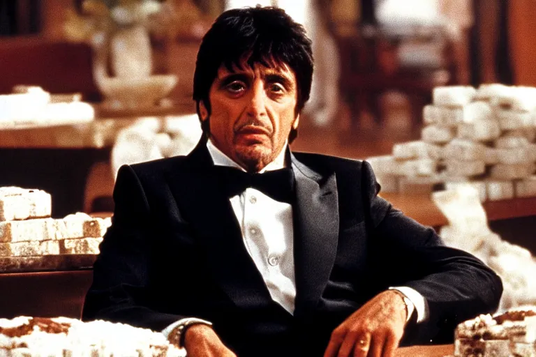 Image similar to tony montana from movie scarface 1 9 8 3 sitting behind a big black oak table with big large packages of flour. al pacino. perfect symmetric face, coherent eyes, close up, fine details, 4 k, ron cobb. last scene from scarface movie, bokeh