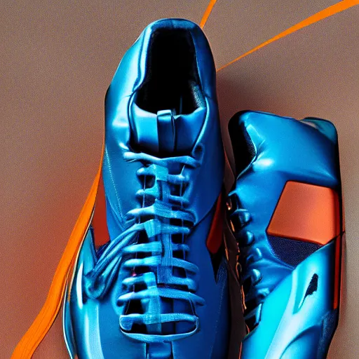 Image similar to futuristic blue and orange metallic sneakers based off bmw 8 i, insanely integrate, award winning photo for fashion magazine, studio light