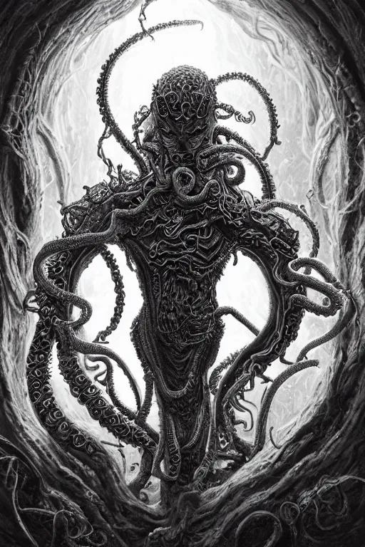 Image similar to realistic portrait of beautifully crystalized and detailed portrait of a necromancer, tentacles, tendrils, eldritch, matte painting of cinematic movie scene red dragon, horror, created by gustave dore and greg rutkowski, high detailed, smooth draw, synthwave neon retro, intricate, realistic proportions, dramatic lighting, trending on artstation.