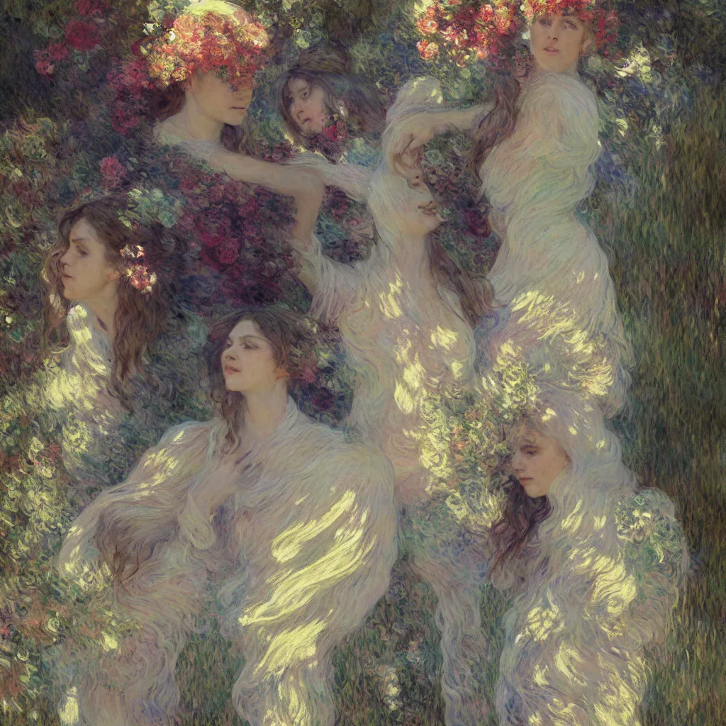 Image similar to illustration studio portrait of three beautiful seraphim female energy in artistic poses in nature, monet painterly motives and textures pattern, hyper detailed, octane render, vivid colors, artstation, by jeremy mann, by alphonse mucha, by monet