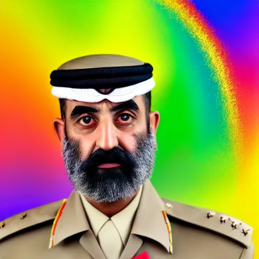 Image similar to professional portrait of an arab military general with a big mustache wearing a beret, rainbow background, 8 k, intricate, detailed,