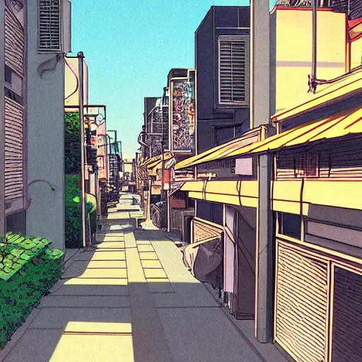 Prompt: japanese town, neighborhood, modern neighborhood, japanese city, underground city, modern city, tokyo - esque town, 2 0 0 1 anime, cel - shading, compact buildings, art by syd mead