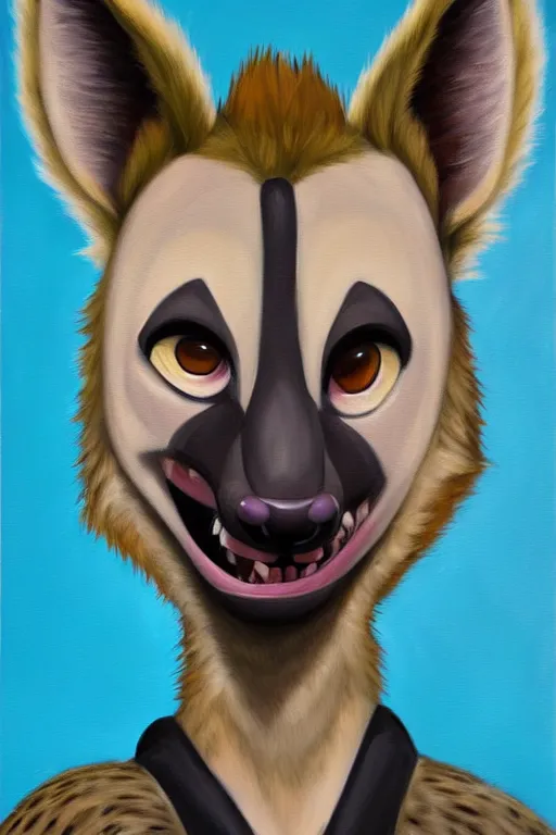 Image similar to oil painting of anthromorphic female hyena, in style of zootopia, female fursona, furry, furaffinity, 4 k, deviantart, furry art, fursona art, wearing black business suit, business suit, hyena fursona, female, smug expression,