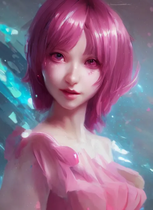 Prompt: pink dress, beautiful girl, fantasy, han so - hee, lipstick, eyeliner, friendly, pure, perfect face, blue eyes, highly detailed, masterpiece, artstation, art by emika lightweaver and antoine collignon and akihiko yoshida