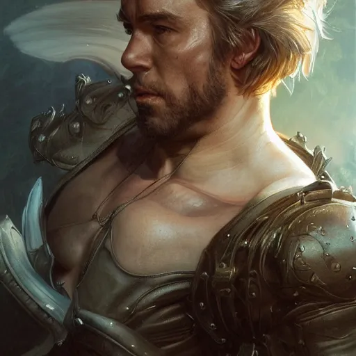 Prompt: portrait of jean baudrillard, soft hair, muscular, half body, leather, d & d, fantasy, intricate, elegant, highly detailed, digital painting, artstation, concept art, smooth, sharp focus, illustration, art by artgerm and greg rutkowski and alphonse mucha