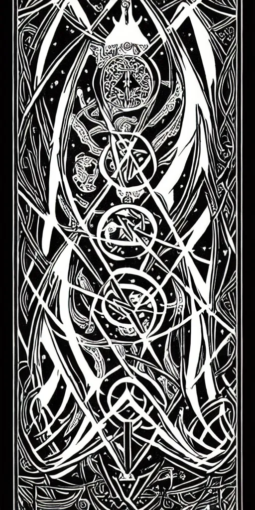 Prompt: a beautiful black and white fractal tarot card featuring bold occult imagery with clean lines. female demon.