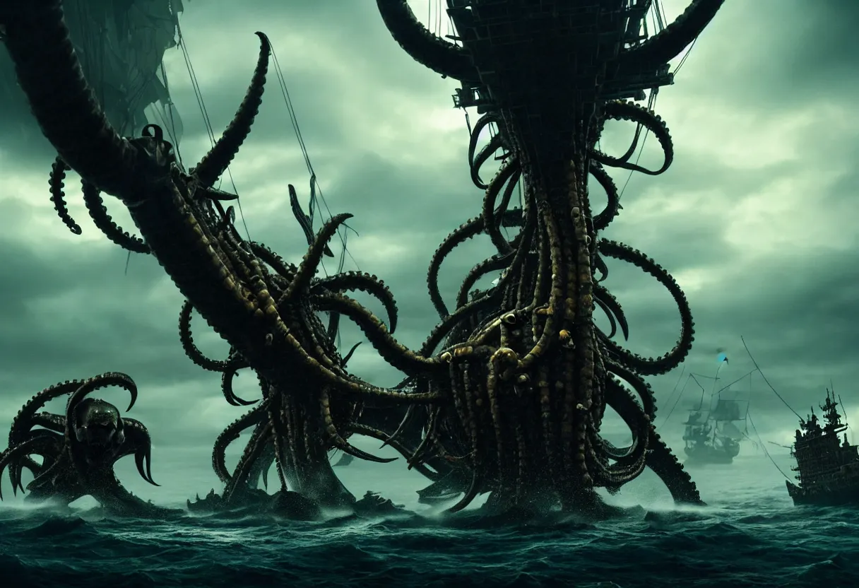 Prompt: pirates fighting giant kraken, cinematic atmosphere, maximized, high detail, 8k, ornate, dark fantasy, masterpiece, complex, film still from the movie directed by Denis Villeneuve