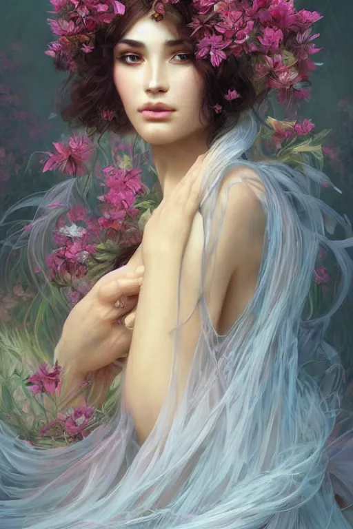 Prompt: beautiful, young woman, extremely detailed gorgeous face, sad eyes, long luxurious flowing gown, sexy body, fantasy background, tears, vaporwave aesthetic, synthwave, photo-realistic face, digital, flowers, butterflies, birds, painting, artstation, concept art, smooth, sharp focus, illustration, art by artgerm and greg rutkowski and alphonse mucha
