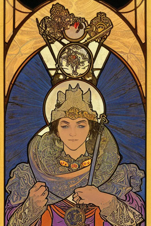Prompt: tarot card, the emperor, medieval, super detailed, ornate, by alphonse mucha, artstation, symmetry, cold colors, art nouveau, 8 k