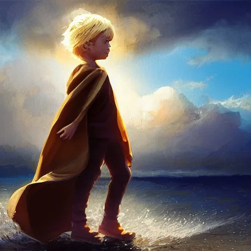 Image similar to blonde boy with golden eyes wearing a brown cape and flying in t pose, energy background, brush strokes, greg rutkowski, oil painting