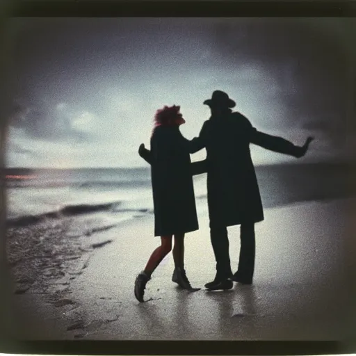 Image similar to 9 0 s polaroid photograph of a man and woman both wearing trenchcoats at night, dancing together on a beach during cloudy weather, vignette