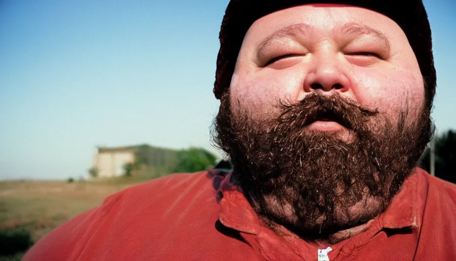 Prompt: far view, extremely fat obese forrest whitaker brad pitt with long beard, wearing dirty overalls, dirty greasy face, grin, portrait, close up, kodak gold 2 0 0, 5 0 mm,