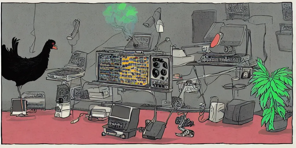 Image similar to 'black chicken'!!! smoking 'cannabis'!!!!!! in front of 'audio console'!!!! and 'multi monitors'!!!! 'in a hi-tech tv broadcasting studio'!!!!, artwork by James Gilleard