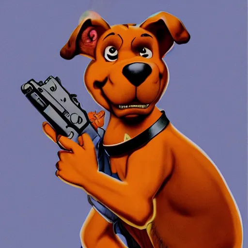 Image similar to Scooby Doo holding a gun, by norman rockwell, no text, trending on artstation, highly detailed, 8k, beautiful, dynamic lighting, realistic fur