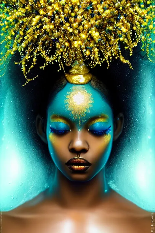 Image similar to hyperrealistic magic realism cinematic very beautiful! black oshun goddess with white! iris, in water, yoruba body paint, mirror dripping droplet!, gold flowers, highly detailed face, digital art masterpiece, smooth robert steven connett eric zener dramatic teal light, ground angle uhd 8 k, sharp focus