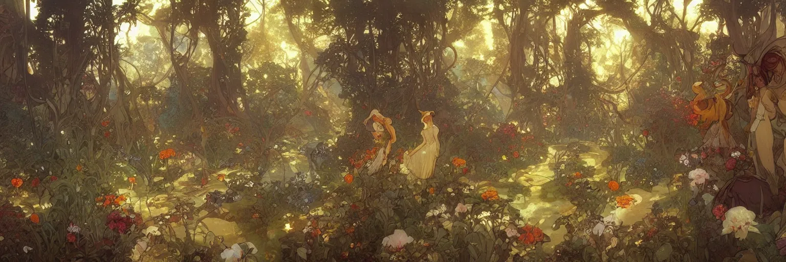 Prompt: A beautiful painting of a utopian garden and forest steampunk landscape by Alfons Maria Mucha and Julie Dillon and Makoto Shinkai