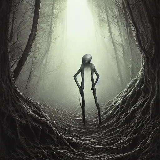 Image similar to photorealistic eldritch alien slenderman in the style of michael whelan and gustave dore. by greg rutkowski. hyperdetailed photorealism, 1 0 8 megapixels, amazing depth, high resolution, 3 d shading, 3 d finalrender, 3 d cinematic lighting, psychedelic overtones, artstation concept art.