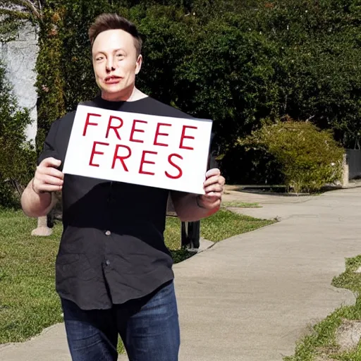 Image similar to Elon Musk holding a sign saying Free Teslas, highly detailed, high quality, HD, 4k, 8k, Canon 300mm, professional photographer, 40mp, lifelike, top-rated, award winning, realistic, sharp, no blur, edited, corrected, trending