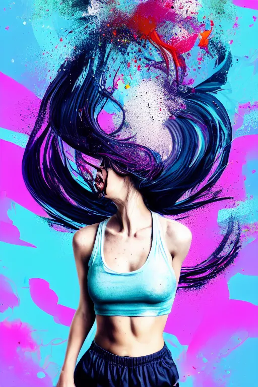 Image similar to a award winning half body portrait of a beautiful woman in a croptop and cargo pants with ombre navy blue teal hairstyle with head in motion and hair flying, paint splashes, splatter, outrun, vaporware, shaded flat illustration, digital art, trending on artstation, highly detailed, fine detail, intricate