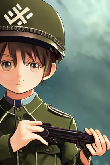 Image similar to beautiful little boy in nazi male uniform posing with an gun. made in abyss art style, sharps focus, cute detailed artwork, anatomically correct, ilya kuvshinov, reflection, perfect composition, wallpaper mobile, digital art, detailed anime soft face, symmetrical face, western comic, illustration, realistic, smooth, lois van baarle, soft details, illumination