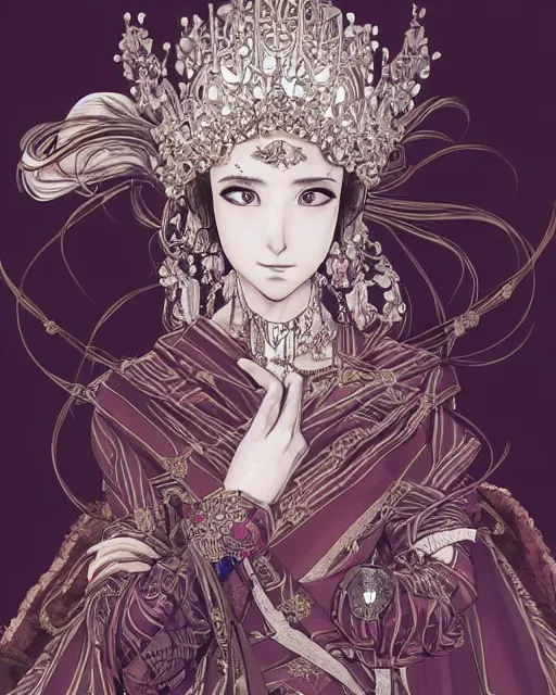 Image similar to portrait of a queen, elegant, beautiful, mesmerizing, concept art, fancy clothing, highly detailed, inspired by otoyomegatari manga, artstation, behance, deviantart, trending, ayami kojima, shinichi sakamoto, kaoru mori