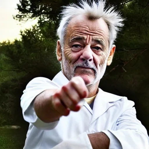 Image similar to !dream the roll of Rick Sanchez will be played by Bill Murray, spikey hair, white lab coat, photography